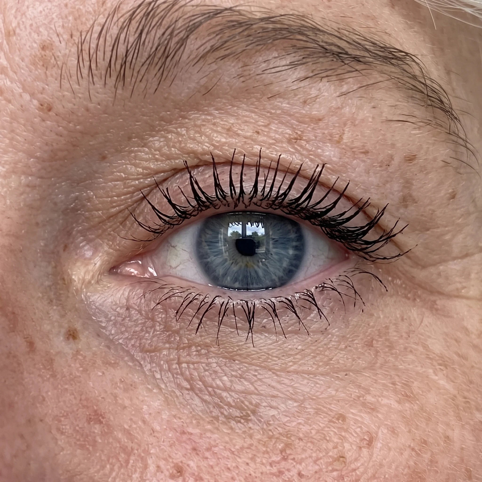 A close-up of a person's blue eye with mascara on the eyelashes and visible wrinkles.