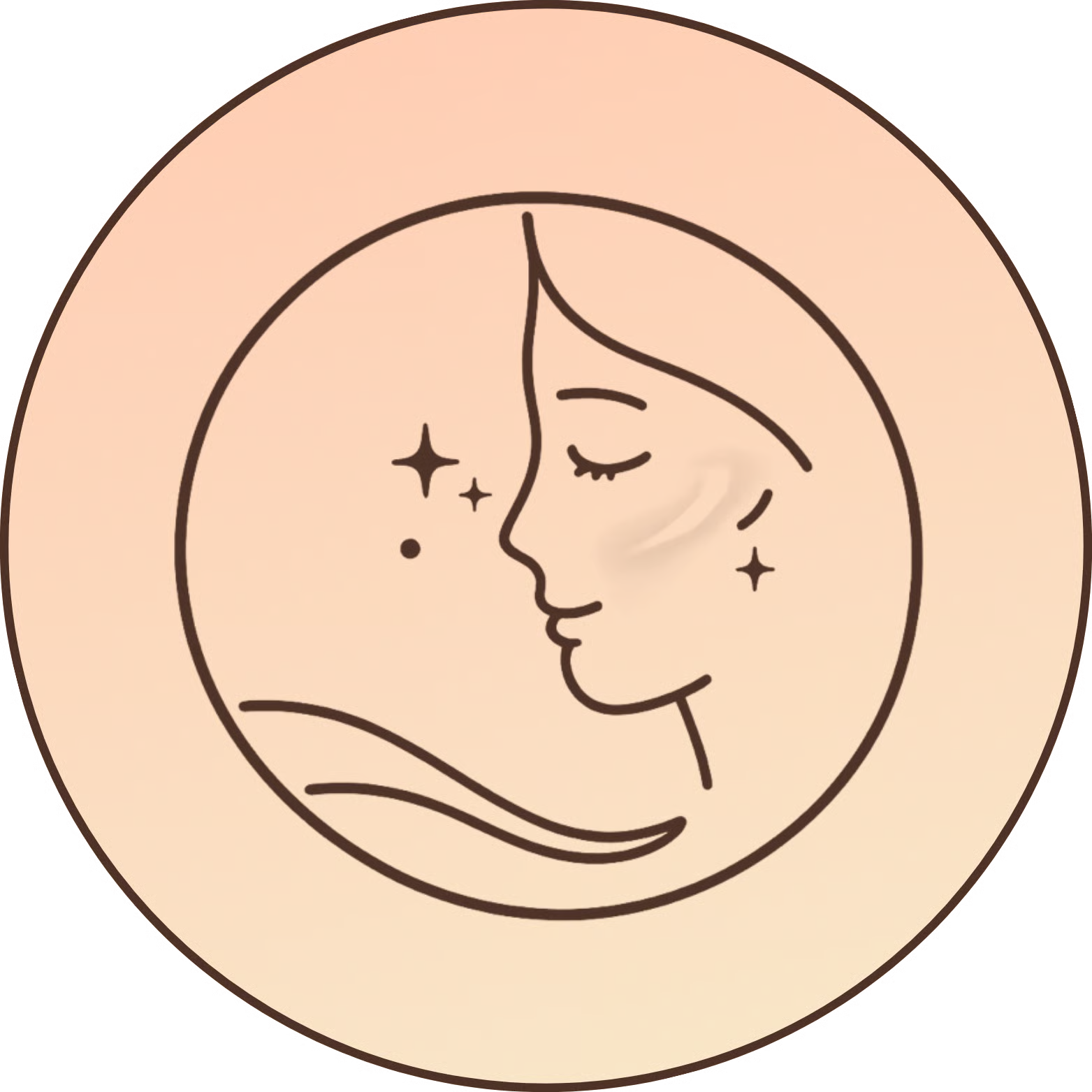 Line art of a woman's face with stars in a circular frame.