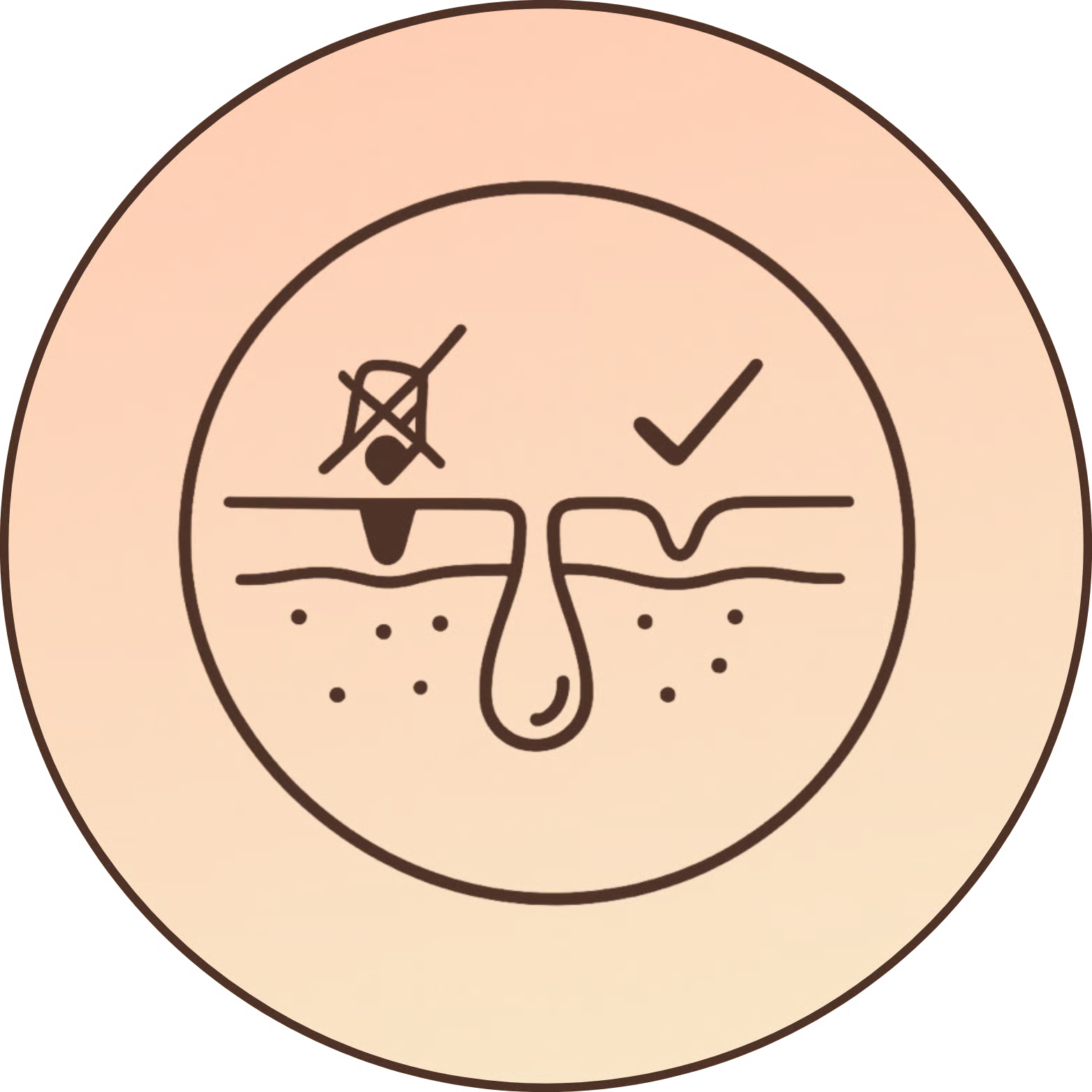 Illustration of a clogged pore with a check mark and an X symbol.