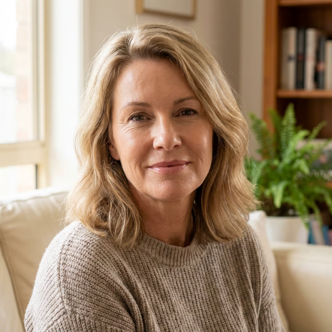 A middle-aged woman with blonde hair and a beige sweater smiles while sitting on a couch indoors.