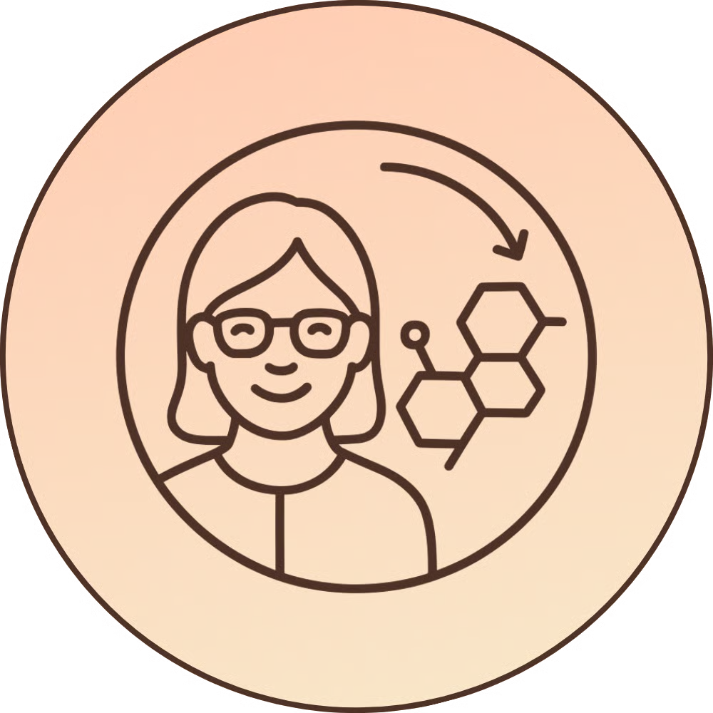 Icon of a person with glasses and hexagonal structures.