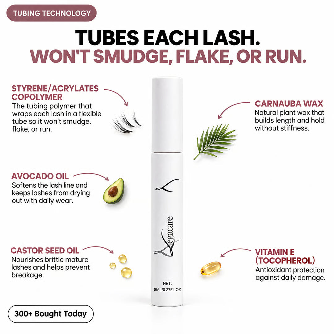An infographic showing a tube of Vegacare mascara with callouts for its key ingredients and benefits.