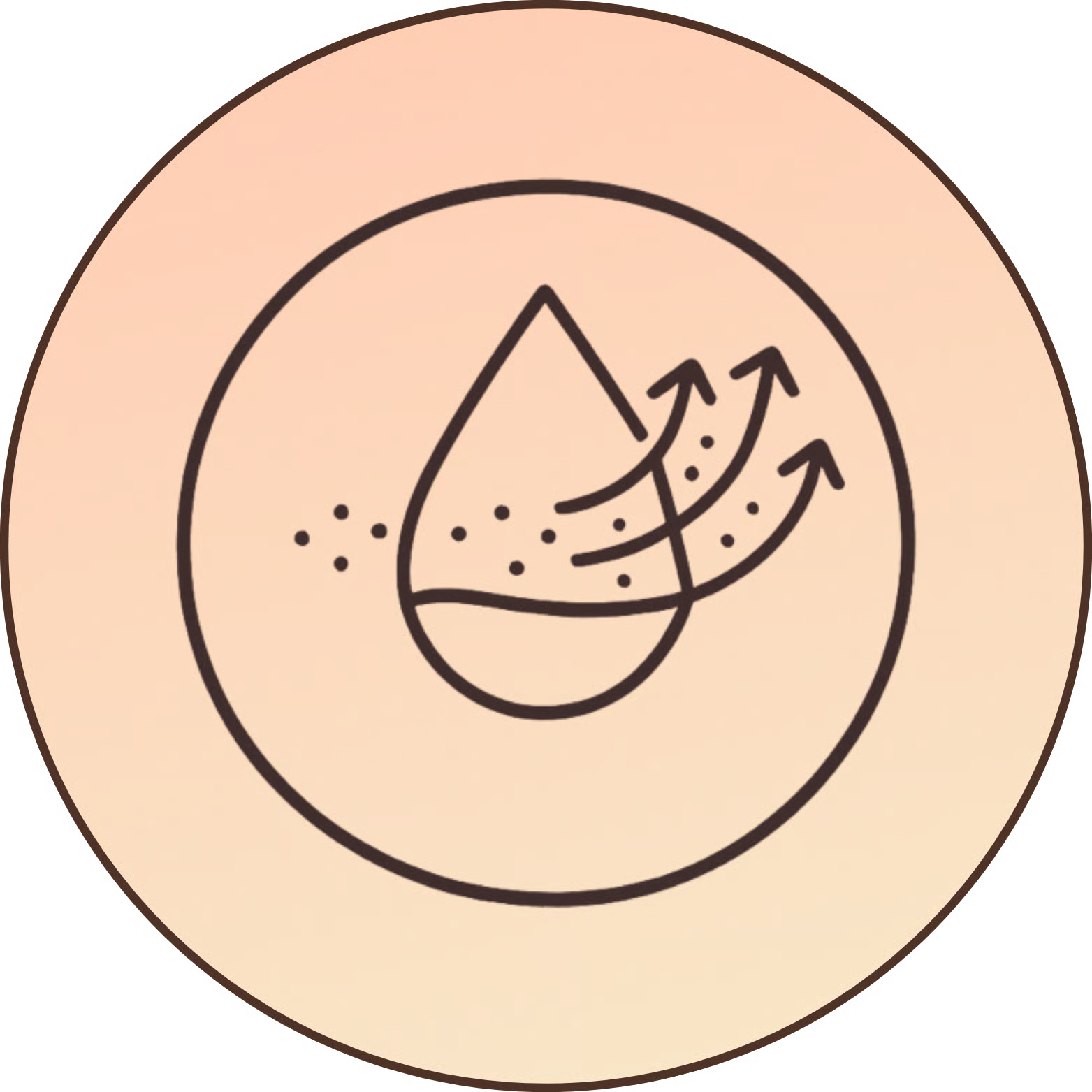 Icon of a droplet with arrows indicating movement and small dots on a gradient background.